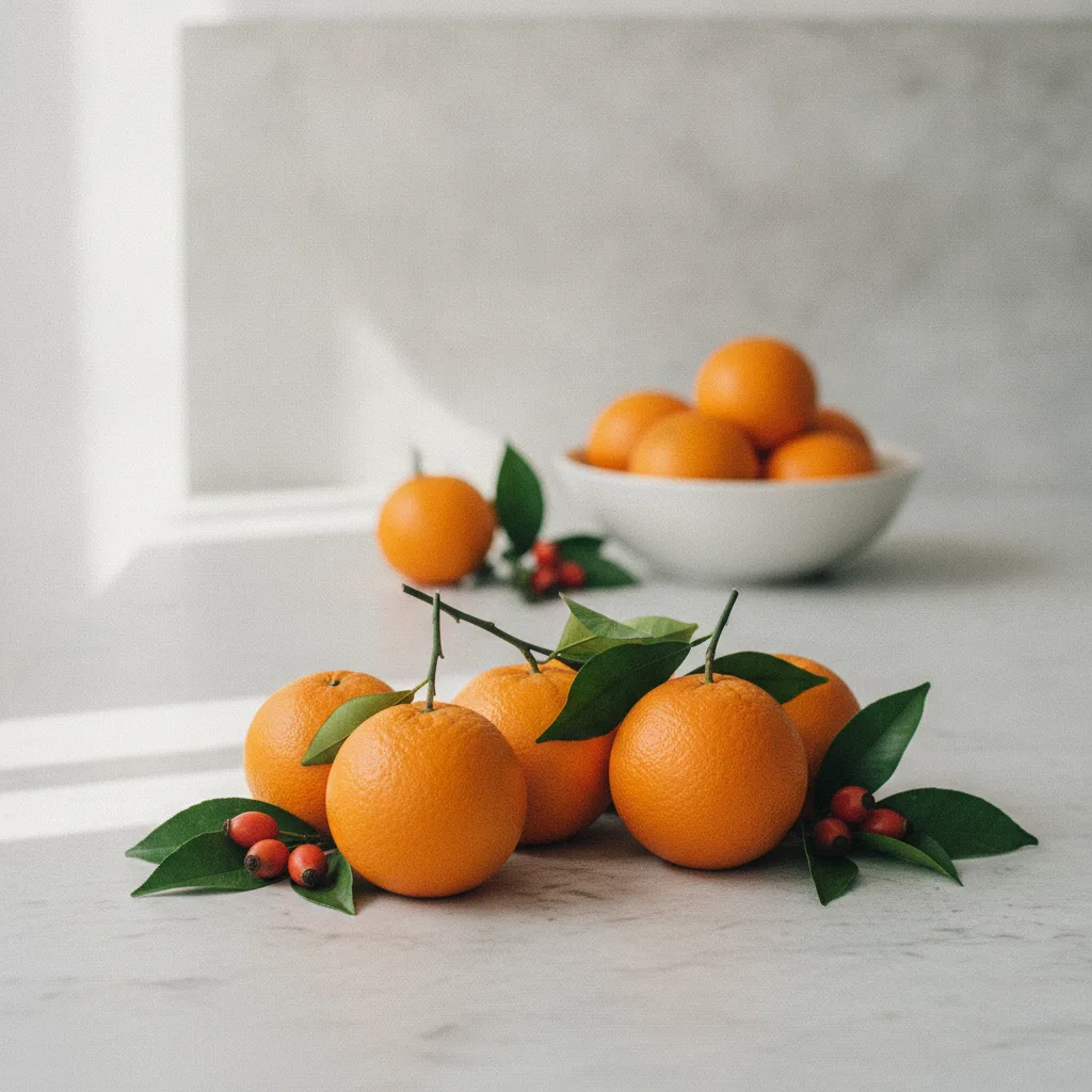 Friske citrusfrugter, grønne blade og naturlige ingredienser på et lyst køkkenbord