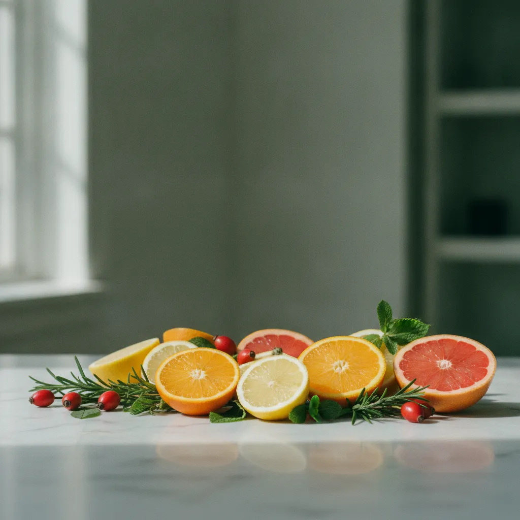Friske appelsiner, hyben og grønne blade på et lyst køkkenbord