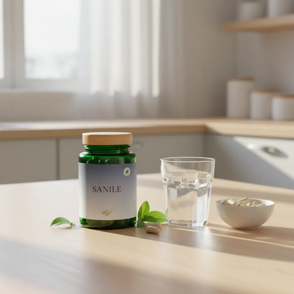 Sanile-produktfoto: mørk grøn glasbeholder med sølvfarvet låg placeret på et lyst køkkenbord ved siden af et glas vand